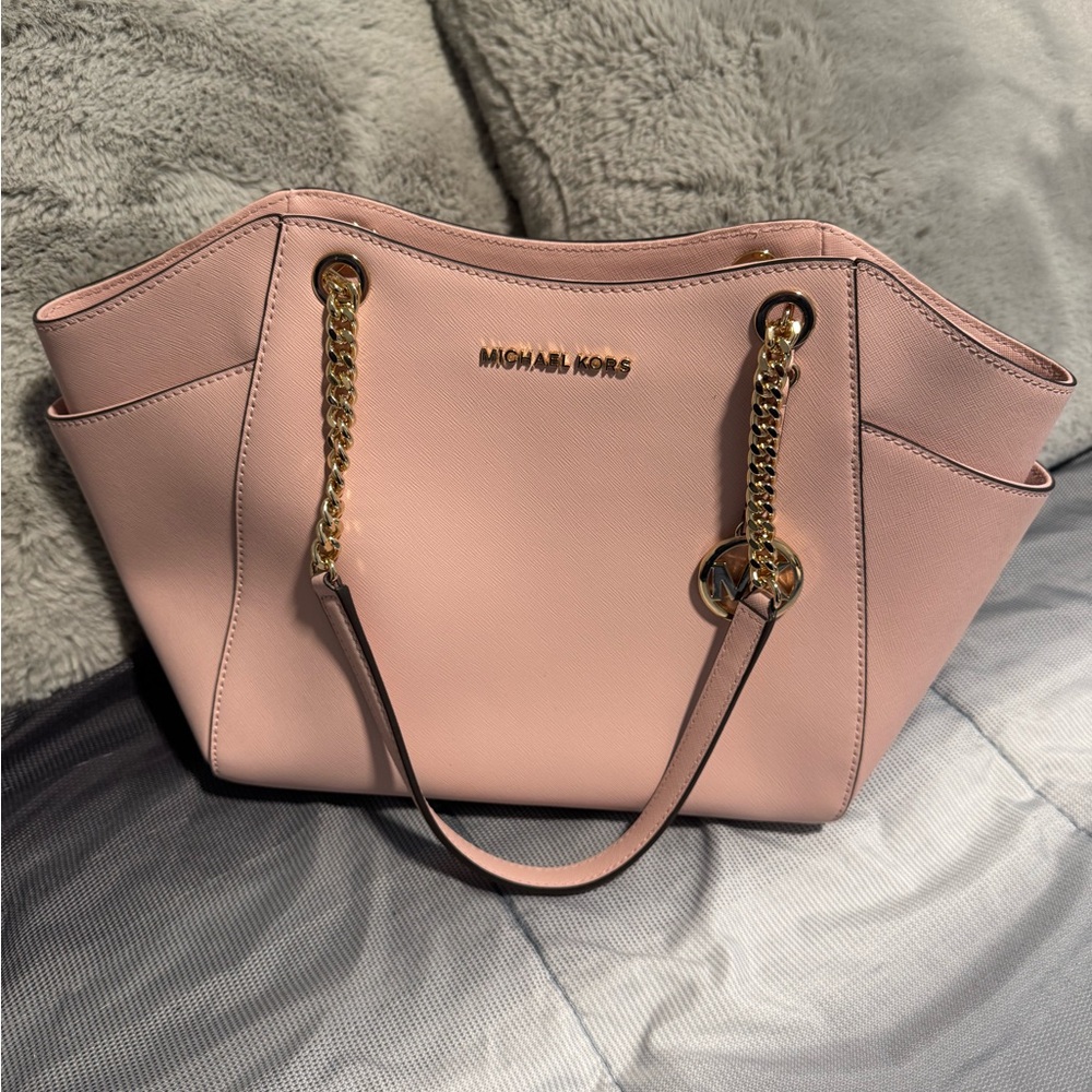 MICHAEL KORS Pale Pink Saffiano Leather Tote with Gold Chain